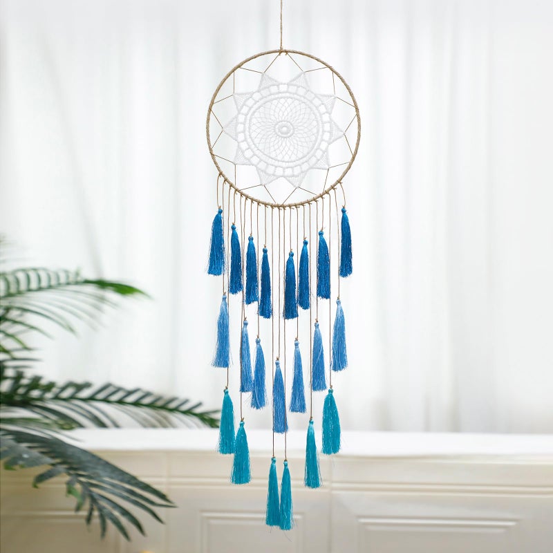 Artilady Macrame Dream Catchers for Bedroom - Tassel Wall Hanging Handmade Dreamcatchers Home Decor with Tassel Feather Ornament Craft Blessing Gift (Blue) - Image 1